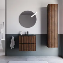 Mobile bagno sospeso 60 cm due cassetti noce maya effetto cannettato con lavabo nero opaco e specchio - Lameck