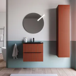 Mobile bagno sospeso 60 cm due cassetti terrarossa effetto cannettato con lavabo nero opaco e specchio - Lameck