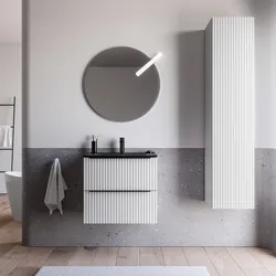 Mobile bagno sospeso 60 cm due cassetti bianco opaco effetto cannettato con lavabo nero opaco e specchio - Lameck