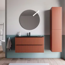 Mobile bagno sospeso 80 cm due cassetti terrarossa effetto cannettato con lavabo nero opaco e specchio - Lameck