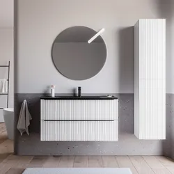 Mobile bagno sospeso 80 cm due cassetti bianco opaco effetto cannettato con lavabo nero opaco e specchio - Lameck