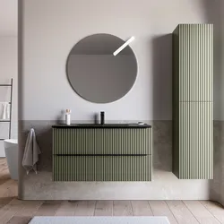 Mobile bagno sospeso 100 cm due cassetti verde selva effetto cannettato con lavabo nero opaco e specchio - Lameck