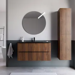 Mobile bagno sospeso 100 cm due cassetti noce maya effetto cannettato con lavabo nero opaco e specchio - Lameck