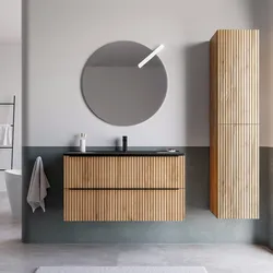 Mobile bagno sospeso 100 cm due cassetti rovere africa effetto cannettato con lavabo nero opaco e specchio - Lameck