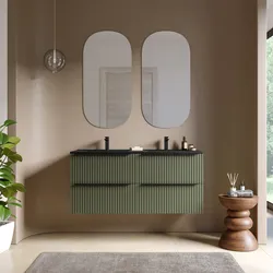 Mobile bagno sospeso 120 cm quattro cassetti verde selva effetto cannettato con lavabo nero opaco e specchio - Lameck