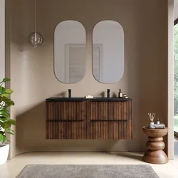 Mobile bagno sospeso 120 cm quattro cassetti noce maya effetto cannettato con lavabo nero opaco e specchio - Lameck