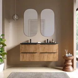 Mobile bagno sospeso 120 cm quattro cassetti rovere africa effetto cannettato con lavabo nero opaco e specchio - Lameck
