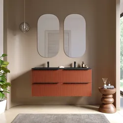 Mobile bagno sospeso 120 cm quattro cassetti terrarossa effetto cannettato con lavabo nero opaco e specchio - Lameck