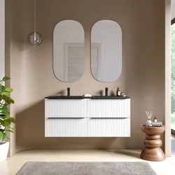 Mobile bagno sospeso 120 cm quattro cassetti bianco opaco effetto cannettato con lavabo nero opaco e specchio - Lameck