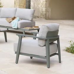 Poltrona da giardino in alluminio verde alloro con cuscini tortora - Geng