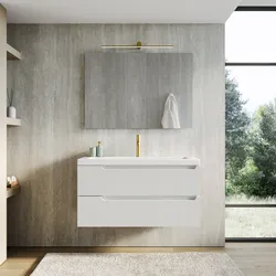 Mobile bagno sospeso 100 cm bianco opaco cannettato con lavabo in ceramica e specchio - Konai plus