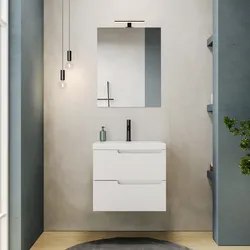 Mobile bagno sospeso 60 cm bianco opaco cannettato con lavabo in ceramica e specchio - Konai plus