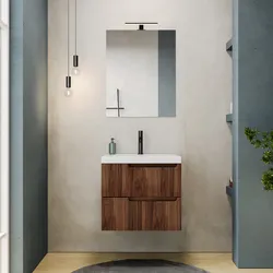 Mobile bagno sospeso 60 cm rovere deciso cannettato con lavabo in ceramica e specchio - Konai plus
