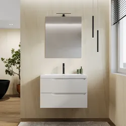 Mobile bagno sospeso 80 cm bianco opaco cannettato con lavabo in ceramica e specchio - Konai plus
