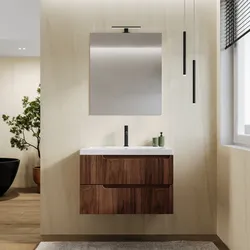 Mobile bagno sospeso 80 cm rovere deciso cannettato con lavabo in ceramica e specchio - Konai plus