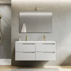 Mobile bagno sospeso 120 cm bianco opaco cannettato con lavabo doppia vasca in ceramica e specchio - Konai plus