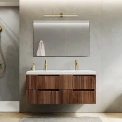 Mobile bagno sospeso 120 cm rovere deciso cannettato con lavabo doppia vasca in ceramica e specchio - Konai plus