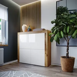 Credenza 140x130h cm con 4 ante bianco lucido e rovere wotan - Kayros