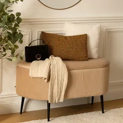 Panca contenitore 100x40 cm a mezzaluna in velluto beige con gambe in metallo nero - Caen