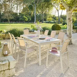 Tavolo da esterno 220x100 cm in alluminio crema con top effetto legno - Anniki