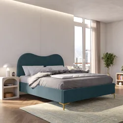 Letto matrimoniale 160x190 cm in tessuto effetto maglia blu petrolio con contenitore e piedi oro - Goldie