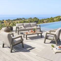 Set relax divano 2 poltrona e tavolino in alluminio marrone con cuscini beige - Jalime