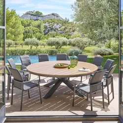 Tavolo da giardino rotondo 220 cm top legno di acacia e struttura in alluminio antracite - Clerc