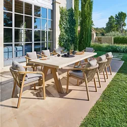 Tavolo da giardino 200x85 cm in legno di acacia con top in cemento effetto travertino - Korinna