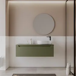 Mobile bagno sospeso 120 cm dx verde nordico cannettato con top e specchio - Deck