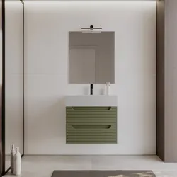 Mobile bagno sospeso 70 cm verde nordico cannettato con lavabo in resina e specchio - Deck