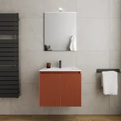 Mobile bagno sospeso con ante 60 cm terracotta cannettato con lavabo e specchio - Nerk