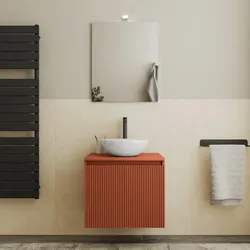 Mobile bagno sospeso con ante 60 cm terracotta cannettato con top e specchio - Nerk