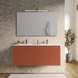 Mobile bagno sospeso con ante 120 cm terracotta cannettato con lavabo e specchio - Nerk