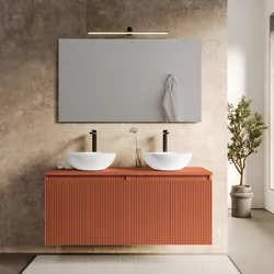 Mobile bagno sospeso con ante 120 cm terracotta cannettato con top e specchio - Nerk