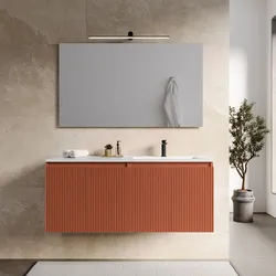 Mobile bagno sospeso con ante 120 cm terracotta cannettato con lavabo dx e specchio - Nerk