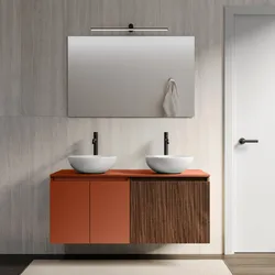 Mobile bagno sospeso 120 cm terracotta e rovere deciso cannettato con top e specchio - Neko