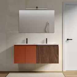 Mobile bagno sospeso 120 cm terracotta e rovere deciso cannettato con lavabo e specchio - Neko
