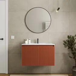Mobile bagno sospeso con ante 80 cm terracotta cannettato con lavabo e specchio - Nerk