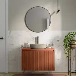 Mobile bagno sospeso con ante 80 cm terracotta cannettato con top e specchio - Nerk