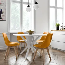 Set 4 sedie in polipropilene senape con cuscino in similpelle e gambe legno - Alborg Plus