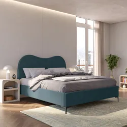 Letto matrimoniale 160x190 cm in tessuto effetto maglia blu petrolio con contenitore e piedi nero - Goldie