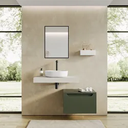 Mobile bagno sospeso 60 cm verde cemento con top 80 cm rovere bianco e specchio - Nesly