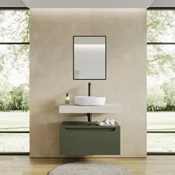 Mobile bagno sospeso 80 cm verde cemento con top rovere bianco e specchio - Nesly