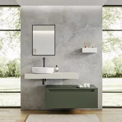 Mobile bagno sospeso 100 cm verde cemento con top rovere bianco e specchio - Nesly