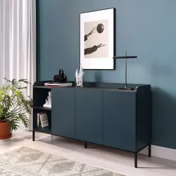 Madia 160x80h cm blu con 3 ante e 2 vani a giorno e gambe in metallo nero - Jewel