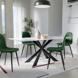 Tavolo da pranzo 180x90 cm top in ceramica bianco effetto snow e gambe in acciaio nero - Flabi