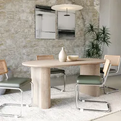 Tavolo da pranzo 180x90 cm beige con top effetto travertino e base cannettata - Gwin
