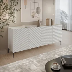 Madia 200x75h cm bianco cannettato obliquo con piedi nero e 4 ante - Emerald