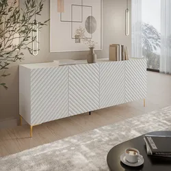 Madia 200x75h cm bianco cannettato obliquo con piedi oro e 4 ante - Emerald