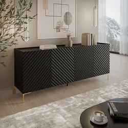 Madia 200x75h cm nero cannettato obliquo con piedi oro e 4 ante - Emerald